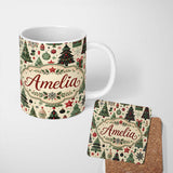Personalized Custom Name Christmas Trees Stars Gifts Ornaments Seamless Pattern Holiday 11oz Ceramic Coffee Tea Mug White Large Handle