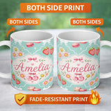 Personalized Custom Name Cute Strawberry Cherry Daisy Floral Bow Sweet Dessert Teal Green 11oz Ceramic Coffee Tea Mug White Large Handle