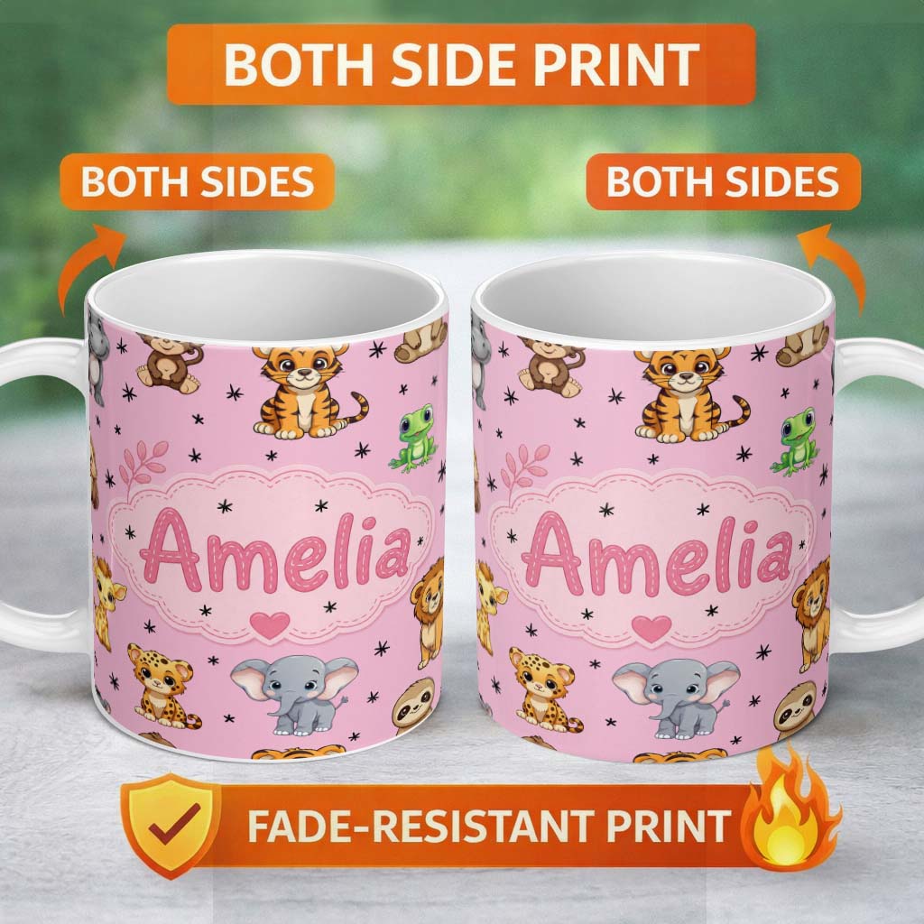Personalized Custom Name Cute Jungle Baby Animals Lion Tiger Elephant Giraffe Pattern Pink 11oz Ceramic Coffee Tea Mug White Large Handle