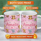 Personalized Custom Name Cute Jungle Baby Animals Lion Tiger Elephant Giraffe Pattern Pink 11oz Ceramic Coffee Tea Mug White Large Handle