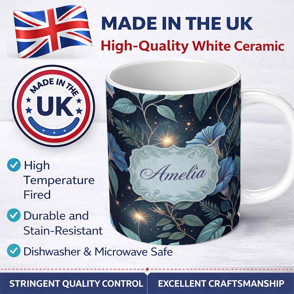 Personalized Custom Name Blue Floral Night Sky Botanical Stars Seamless Pattern Lovely 11oz Ceramic Coffee Tea Mug White Large Handle