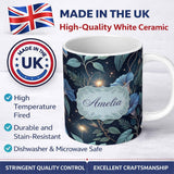 Personalized Custom Name Blue Floral Night Sky Botanical Stars Seamless Pattern Lovely 11oz Ceramic Coffee Tea Mug White Large Handle