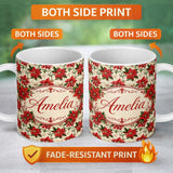 Personalized Custom Name Vintage Poinsettia Floral Cream Background Christmas Botanical Print 11oz Ceramic Coffee Tea Mug White Large Handle