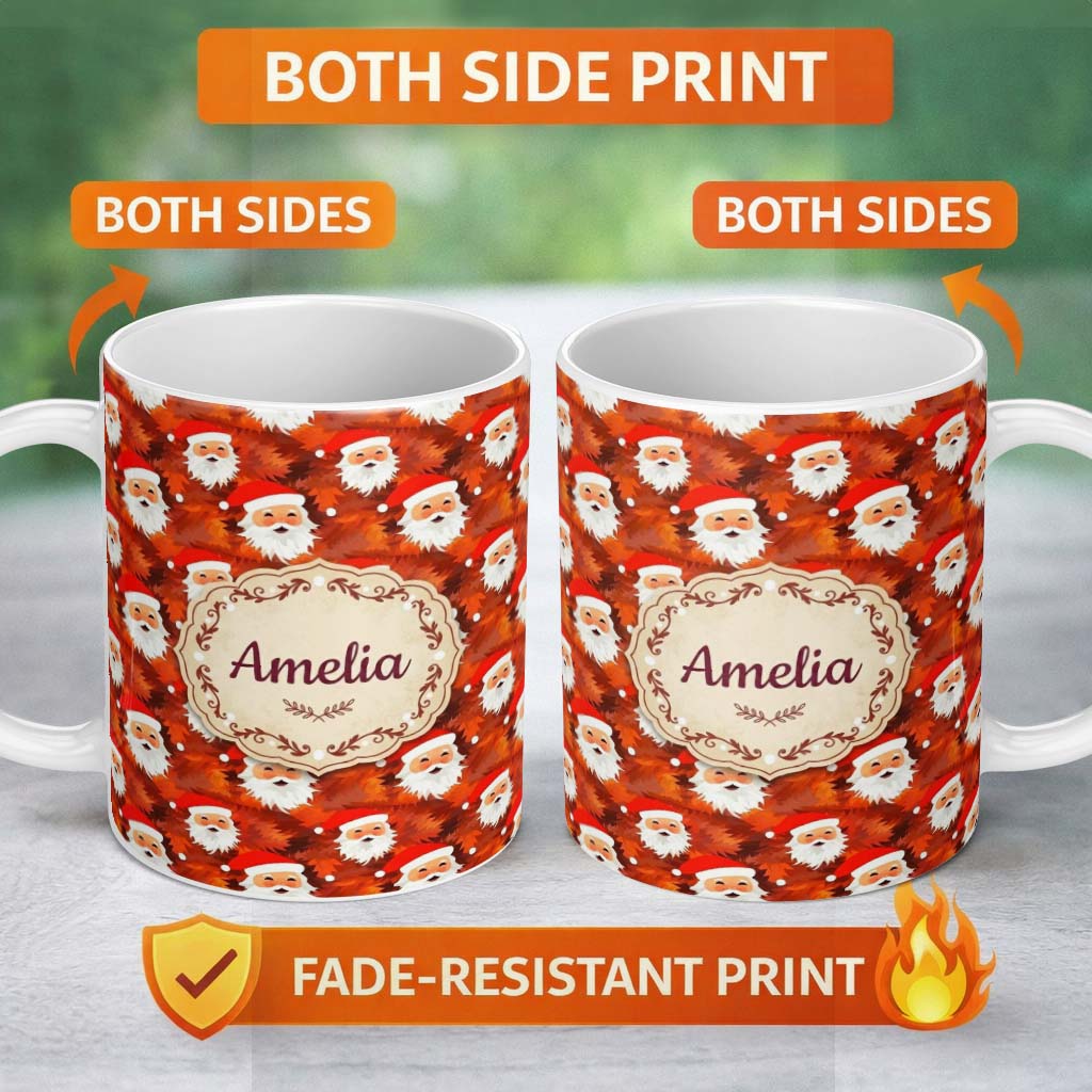 Personalized Custom Name Cute Santa Faces Orange Leaf Autumn Christmas Seamless Pattern Warm 11oz Ceramic Coffee Tea Mug White Large Handle