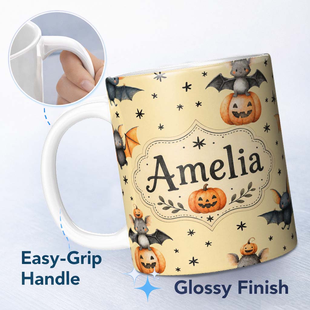Personalized Custom Name Cute Halloween Bats Sitting on Pumpkins with Stars Yellow Background 11oz Ceramic Coffee Tea Mug White Large Handle