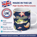 Personalized Custom Name Cute Kawaii Sea Turtle Starfish Shells Ocean Friends Navy Background 11oz Ceramic Coffee Tea Mug White Large Handle