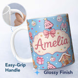 Personalized Custom Name Cute Christmas Gingerbread Candy Gift House Seamless Pattern Blue 11oz Ceramic Coffee Tea Mug White Large Handle