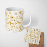 Personalized Custom Name Vintage Hot Air Balloons with Yellow Floral Background Seamless 11oz Ceramic Coffee Tea Mug White Large Handle