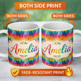 Personalized Custom Name Rich Rainbow Fluid Marble Waves Seamless Pattern Cute Unique Gift 11oz Ceramic Coffee Tea Mug White Large Handle