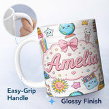Personalized Custom Name Cute Kawaii School Cat Books Stationery Seamless Pattern Pink Lines 11oz Ceramic Coffee Tea Mug White Large Handle