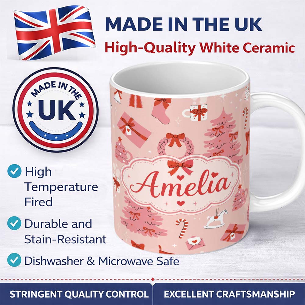 Personalized Custom Name Cute Pink Christmas Trees Gifts Candy Canes Festive Seamless Pattern 11oz Ceramic Coffee Tea Mug White Large Handle