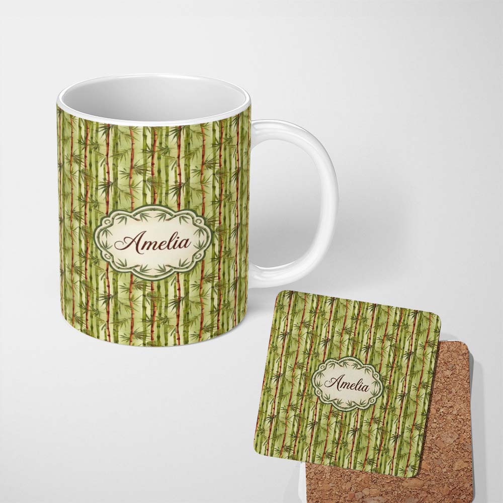 Personalized Custom Name Watercolor Bamboo Forest with Red and Green Stems Natural Seamless 11oz Ceramic Coffee Tea Mug White Large Handle