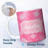 Personalized Custom Name Decorative Pink Snowflakes Stars Seamless Pattern Cute Unique Gift 11oz Ceramic Coffee Tea Mug White Large Handle