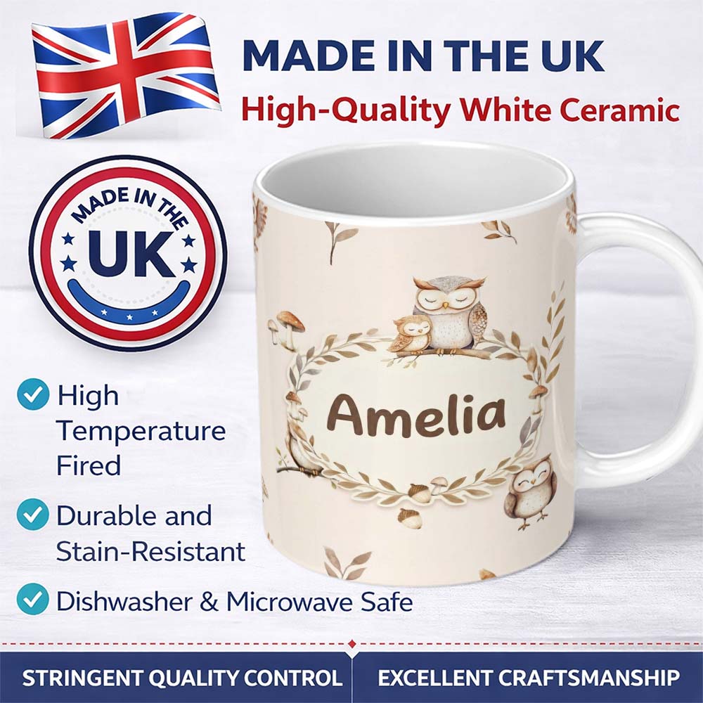 Personalized Custom Name Cute Woodland Owls Mushrooms and Leaves Soft Cream Background Lovely 11oz Ceramic Coffee Tea Mug White Large Handle