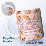 Personalized Custom Name Cute Easter Bunny Carrot Donut Hearts Seamless Pattern Blush Pink 11oz Ceramic Coffee Tea Mug White Large Handle