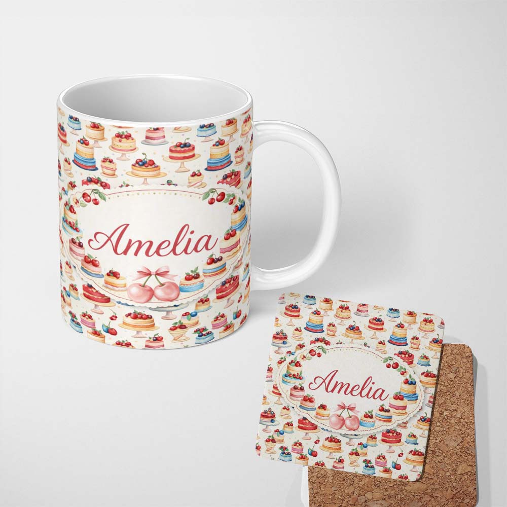 Personalized Custom Name Pink Strawberry Cake Seamless Pattern Cute Dessert Sweet Food Design 11oz Ceramic Coffee Tea Mug White Large Handle