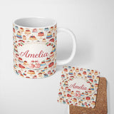 Personalized Custom Name Pink Strawberry Cake Seamless Pattern Cute Dessert Sweet Food Design 11oz Ceramic Coffee Tea Mug White Large Handle