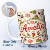 Personalized Custom Name Cute Snowman Elf Candy Cane Stocking Seamless Pattern Fun Holiday 11oz Ceramic Coffee Tea Mug White Large Handle