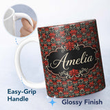 Personalized Custom Name Elegant Black Background Red Floral Baroque Damask Seamless Pattern 11oz Ceramic Coffee Tea Mug White Large Handle