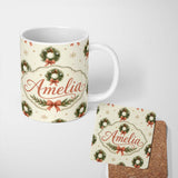 Personalized Custom Name Watercolor Christmas Wreath Bow Pinecone Snowflake Seamless Pattern 11oz Ceramic Coffee Tea Mug White Large Handle