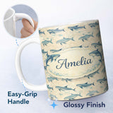 Personalized Custom Name Vintage Blue Whale Seamless Pattern Beige Ocean Animal Design Lovely 11oz Ceramic Coffee Tea Mug White Large Handle