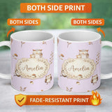 Personalized Custom Name Cute Woodland Owls Mushrooms and Leaves Soft Lavender Background 11oz Ceramic Coffee Tea Mug White Large Handle