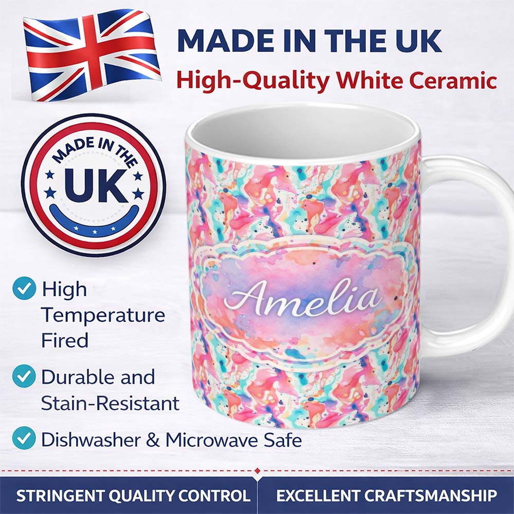 Personalized Custom Name Pastel Ink Flow Pink Purple Blue Abstract Pattern Cute Unique Gift 11oz Ceramic Coffee Tea Mug White Large Handle
