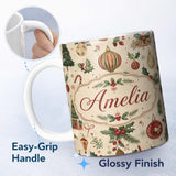 Personalized Custom Name Vintage Christmas Baubles Holly Leaves and Winter Elements Classic 11oz Ceramic Coffee Tea Mug White Large Handle