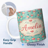 Personalized Custom Name Cute Red Jellyfish Cartoon Style on Teal Background Seamless Marine 11oz Ceramic Coffee Tea Mug White Large Handle
