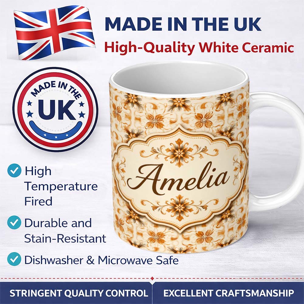 Personalized Custom Name Golden Brown Ornate Floral Tile Pattern with Classic Symmetrical 11oz Ceramic Coffee Tea Mug White Large Handle