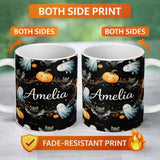 Personalized Custom Name Halloween Ghost Pumpkin Cat Seamless Pattern Neutral Grey Cute 11oz Ceramic Coffee Tea Mug White Large Handle