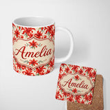 Personalized Custom Name Bold Red Lily Watercolor Floral Seamless Pattern Cute Unique Gift 11oz Ceramic Coffee Tea Mug White Large Handle