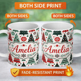 Personalized Custom Name Minimal Christmas Trees and Snowflake Shapes in Red Green Style 11oz Ceramic Coffee Tea Mug White Large Handle