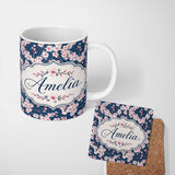 Personalized Custom Name Soft Sakura Flower Branches Blue Background Seamless Pattern Lovely 11oz Ceramic Coffee Tea Mug White Large Handle