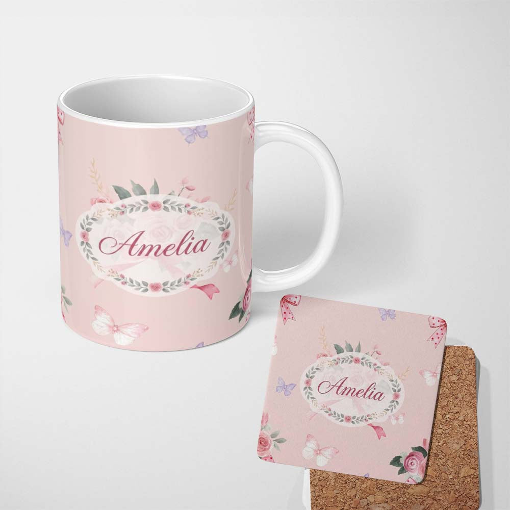 Personalized Custom Name Cute Watercolor Roses Bouquet with Red Ribbon Warm Blush Background 11oz Ceramic Coffee Tea Mug White Large Handle