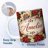 Personalized Custom Name Deep Green Background Red Poinsettia Festive Seamless Pattern Lovely 11oz Ceramic Coffee Tea Mug White Large Handle