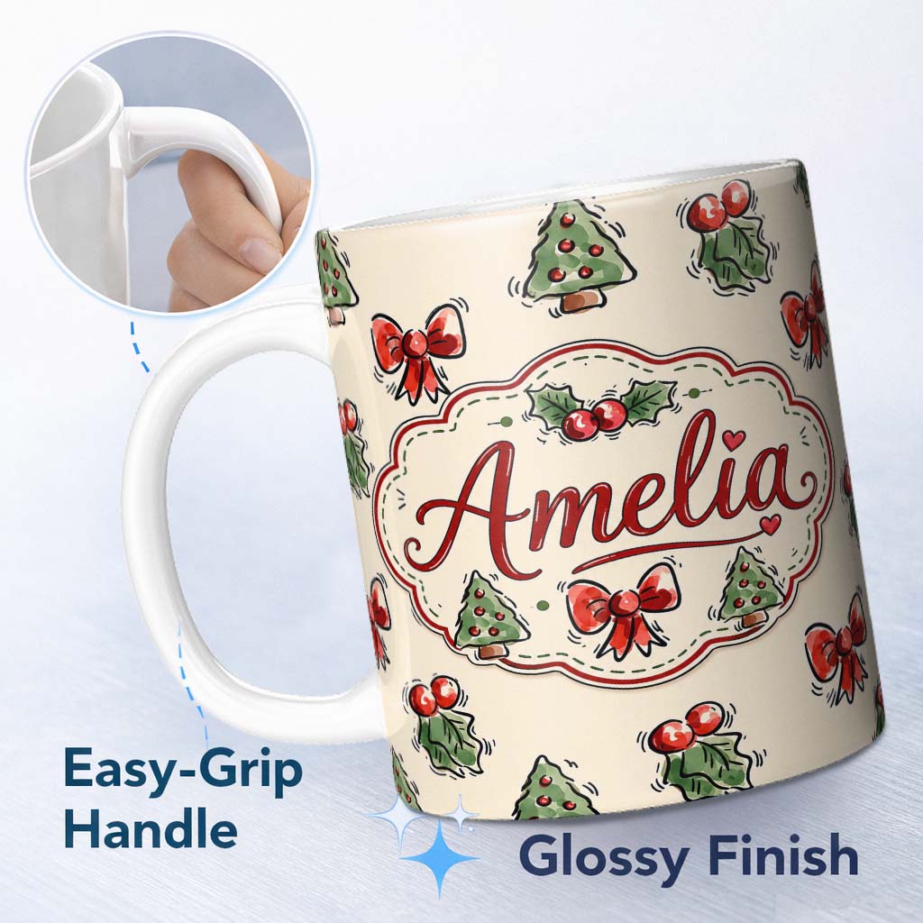 Personalized Custom Name Cute Christmas Bows Holly Berries Tree Doodle Seamless Pattern 11oz Ceramic Coffee Tea Mug White Large Handle