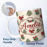 Personalized Custom Name Cute Christmas Bows Holly Berries Tree Doodle Seamless Pattern 11oz Ceramic Coffee Tea Mug White Large Handle