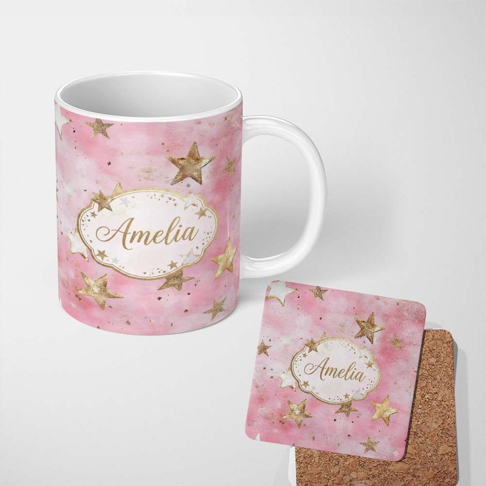 Personalized Custom Name Elegant Gold Star Pink Watercolor Background Seamless Pattern Lovely 11oz Ceramic Coffee Tea Mug White Large Handle