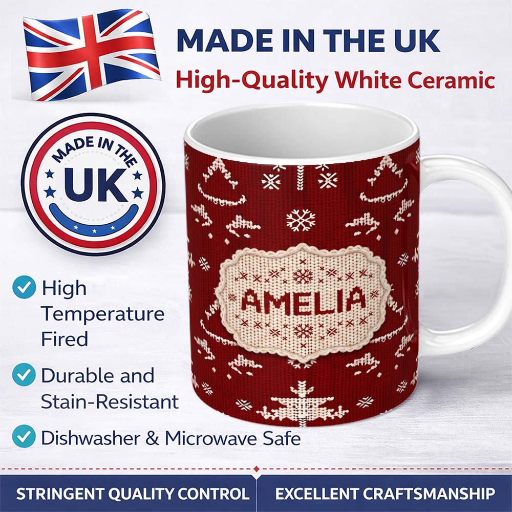 Personalized Custom Name Cute Nordic Knitted Christmas Tree Snowflake Red Seamless Pattern 11oz Ceramic Coffee Tea Mug White Large Handle