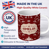 Personalized Custom Name Cute Nordic Knitted Christmas Tree Snowflake Red Seamless Pattern 11oz Ceramic Coffee Tea Mug White Large Handle