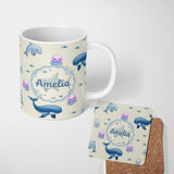 Personalized Custom Name Cute Dolphin Shark and Jellyfish Ocean Animals Neutral Beige Lovely 11oz Ceramic Coffee Tea Mug White Large Handle