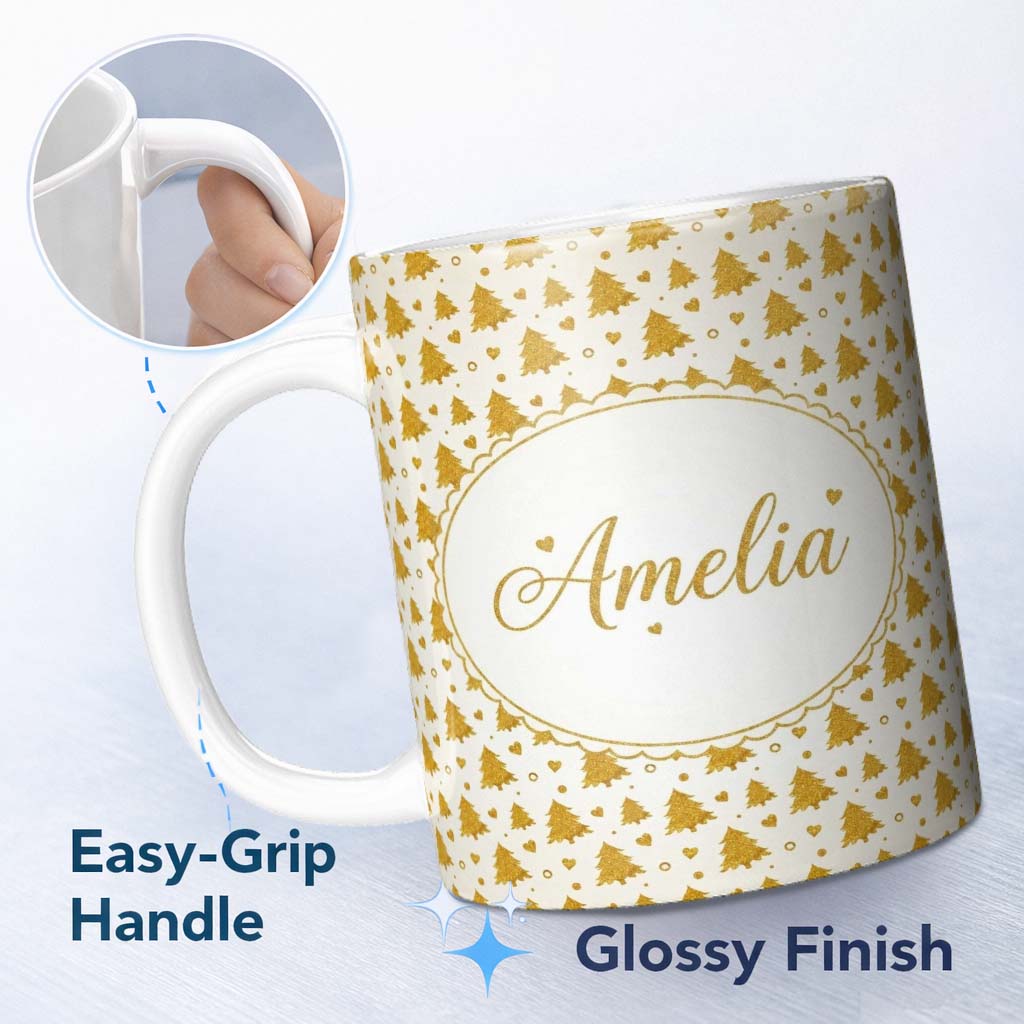 Personalized Custom Name Gold Christmas Tree Heart Seamless Pattern Design Minimal Festive 11oz Ceramic Coffee Tea Mug White Large Handle