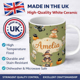Personalized Custom Name Cute Halloween Teddy Bears Mummy Witch Cat Pumpkin Stars Olive 11oz Ceramic Coffee Tea Mug White Large Handle
