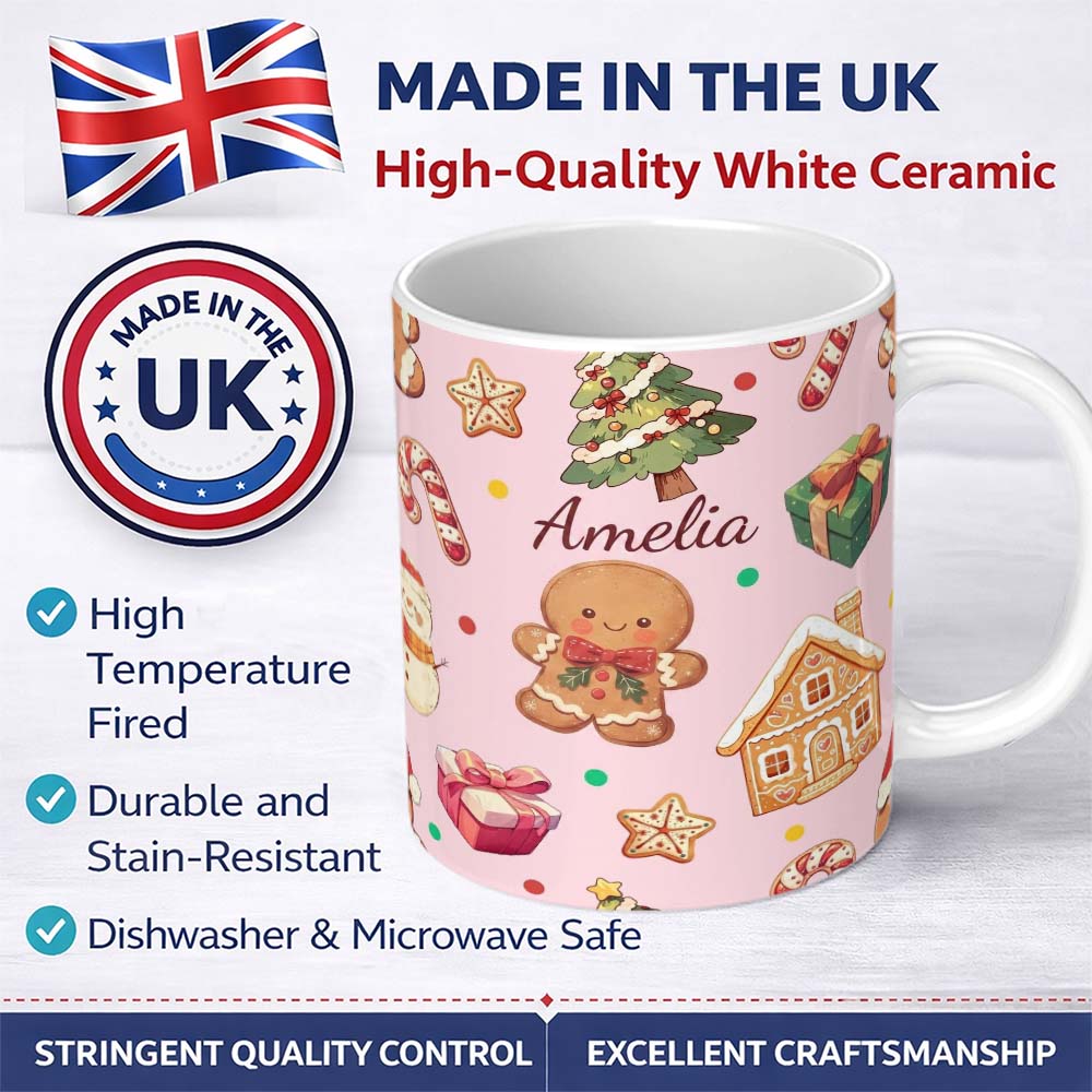 Personalized Custom Name Cute Gingerbread Man Christmas Tree Candy Holiday Pattern Pink 11oz Ceramic Coffee Tea Mug White Large Handle