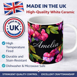 Personalized Custom Name Vibrant Pink Bleeding Heart Flowers Dark Background Floral Pattern 11oz Ceramic Coffee Tea Mug White Large Handle