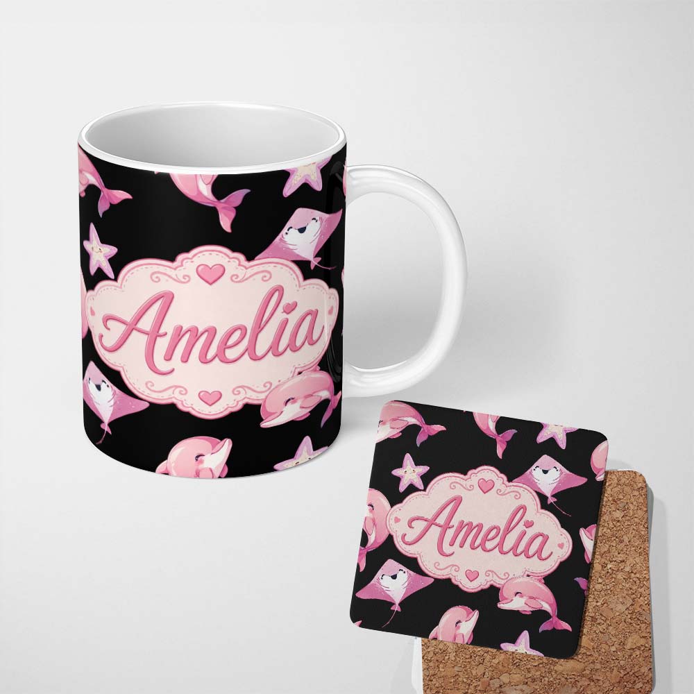 Personalized Custom Name Cute Pink Dolphin Stingray Starfish Ocean Creatures Black Background 11oz Ceramic Coffee Tea Mug White Large Handle