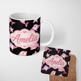 Personalized Custom Name Cute Pink Dolphin Stingray Starfish Ocean Creatures Black Background 11oz Ceramic Coffee Tea Mug White Large Handle