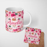 Personalized Custom Name Cute Christmas Cats Gifts Baubles Festive Seamless Pattern Lovely 11oz Ceramic Coffee Tea Mug White Large Handle