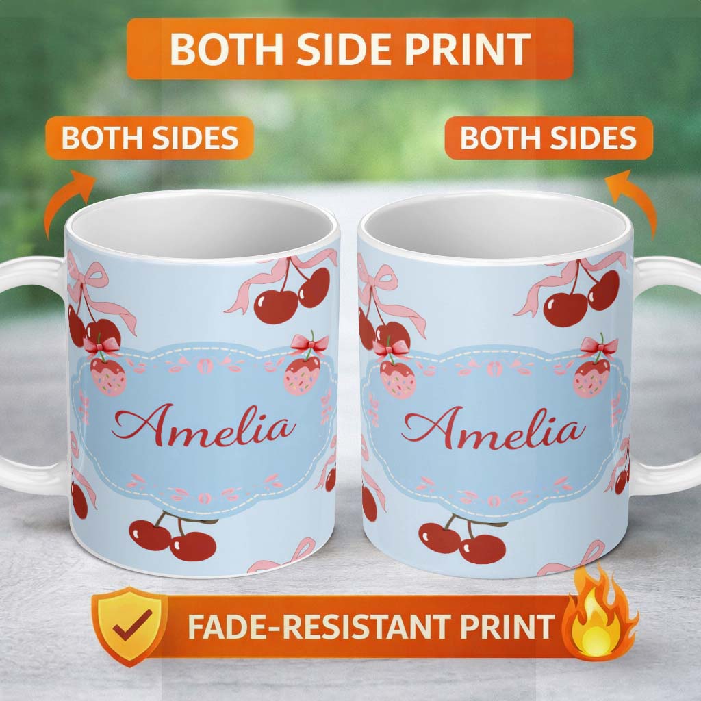 Personalized Custom Name Cherry Bow Ribbon Cute Decorative Cherry Seamless Pattern Lovely 11oz Ceramic Coffee Tea Mug White Large Handle